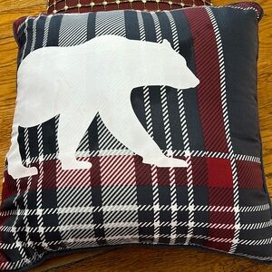 Navy blue and red plaid 18” pillow with bear graphic.  Stain on bear. Back solid